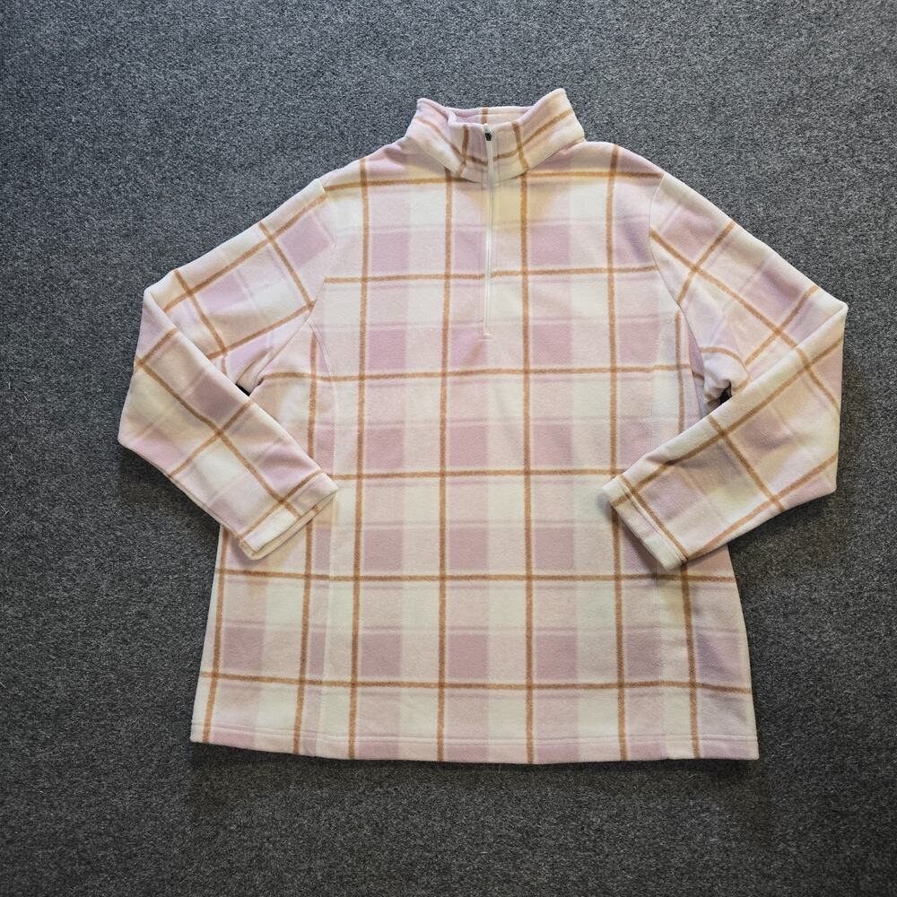 Lands End Sweater Womens Size 1X Tan Plaid Fleece 1/4 Zip Long Sleeve Casual